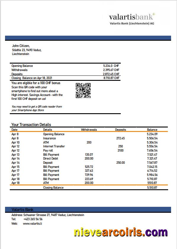 Liechtenstein Valartis bank statement in Word and PDF format